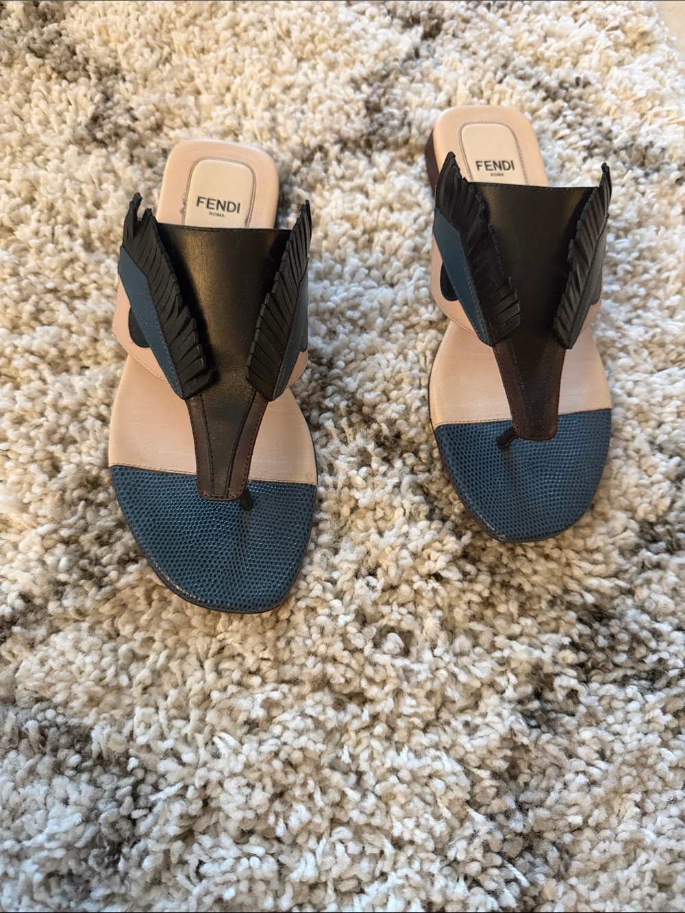Fendi Black Leather Thong Sandals with Blue Toe Detail